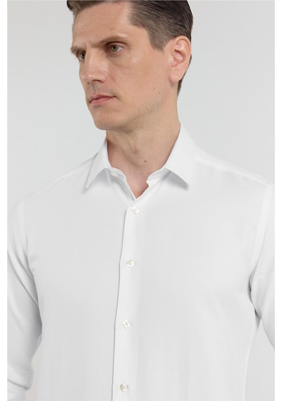 İmza Beyaz Kendinden Desenli Sert Yaka Uzun Kol Cepsiz Slim Fit Pamuklu Gömlek 1004255283