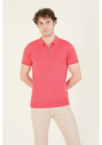 Giyim Dünyası Erkek Yarım Fermuarlı Polo Yaka Merserize T-shirt Mercan 001