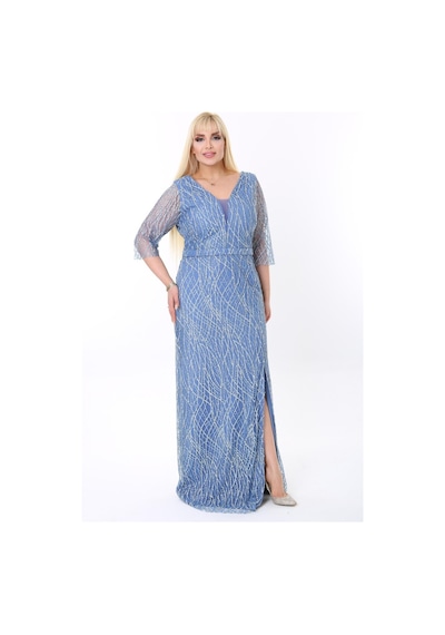 Ladies First Büyük Beden 3767 İndigo Uzun Abiye Elbise 001