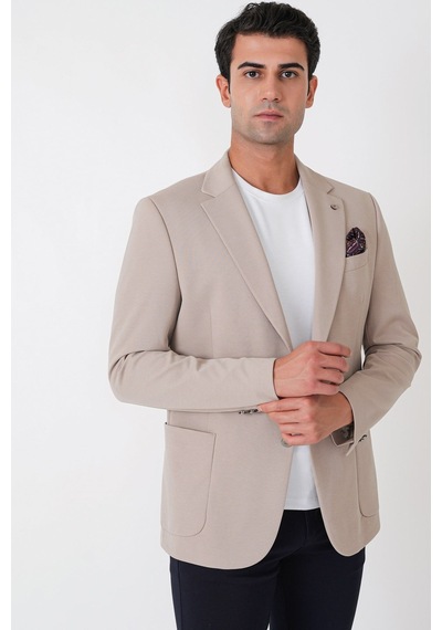 Comfort Fit Çift Yırtmaç Torba Cep Metal Düğmeli Bej Blazer Ceket C 734