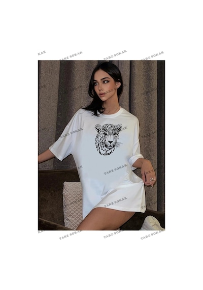 Startmore Kadın Beyaz Leopar Figür Baskılı Oversize Beyaz