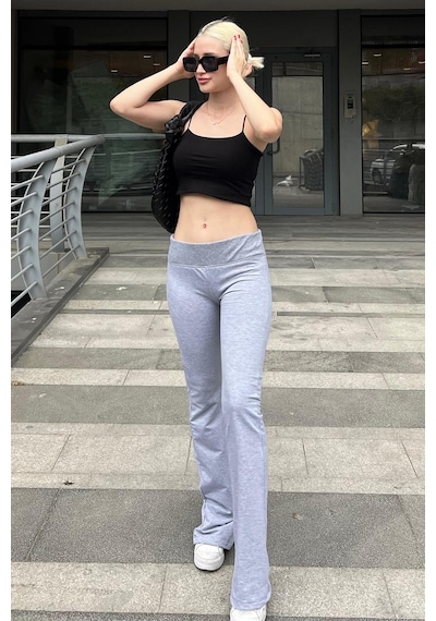 Madmext Grimelanj Beli Fitilli Yüksek Bel İspanyol Paça Pantolon Mg2096-grimelanj Gri Melanj