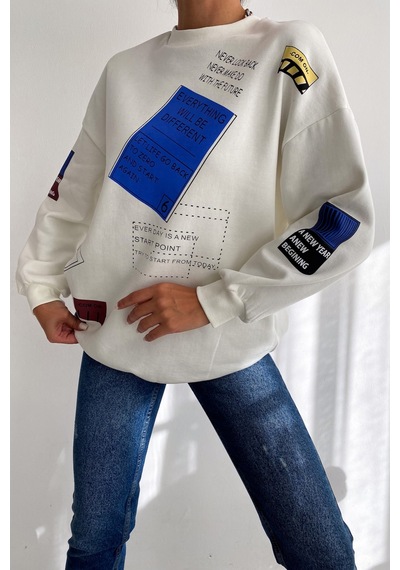 Femelle Kadın Beyaz Düşük Omuz 3 İplik Şardonlu Oversize Pamuk Sweatshirt