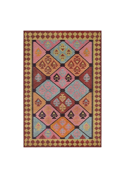 Mihrimah 503 Pembe Turuncu Etnik Halı Vintage Halı Yıkanabilir İnce Dokuma Salon Oturma Odası Halısı
