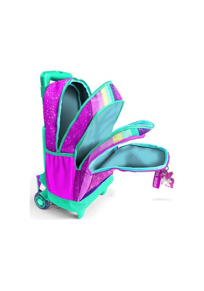 Coral High Kids Pembe Su Yeşili Unicorn Desenli Üç Bölmeli Çekçekli Okul Sırt Çantası 23958