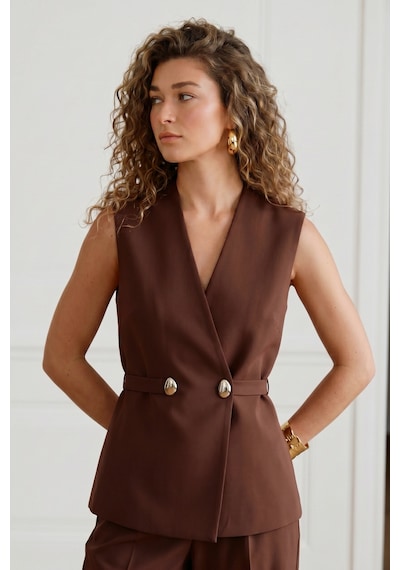 Sateen Sofia Düğme Detaylı Yelek - Kahve-137604