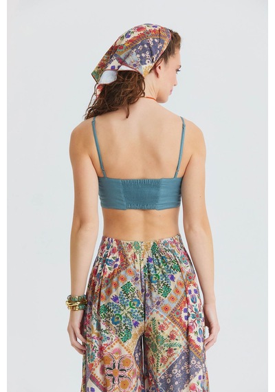 İnce Askılı Düğme Detaylı Crop Bluz Mavi