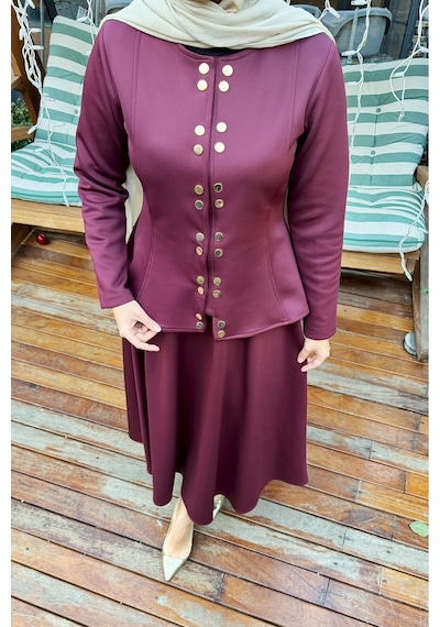 Riella Butik Düğme Detaylı Scuba Tesettür Takım Bordo