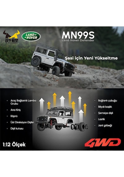 Mn Model Mn99s V2 1/12 Land Rover Defender 4wd Rc Model Crawler Offroad Uzaktan Kumandalı Araba Truck Rtr Lisanslı Gümüş+dahili Işık Seti Mn-99s V2