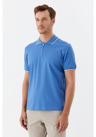 Sabri Özel Mavi Regular Fit %100 Pamuk Fermuarlı Polo Yaka T-shirt