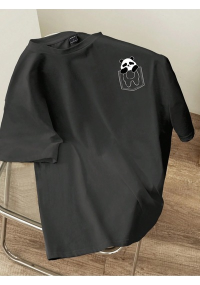 Flood Of Style Erkek Füme Sevimli Cep Panda Baskılı Oversize Gri