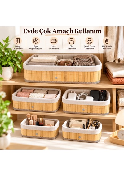 Bambu Düzenleyici Sepet Seti, Kumaş Astarlı, 5'li Set