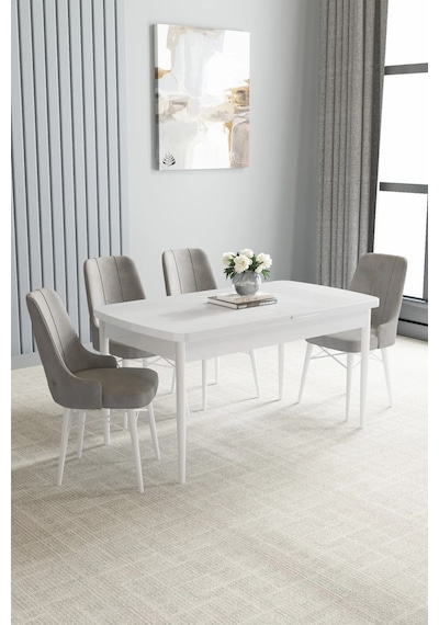 Zümra Serisi, Beyaz 80x132 Açılabilir Mdf Mutfak Masası Takımı 4 Adet Sandalye, Gri