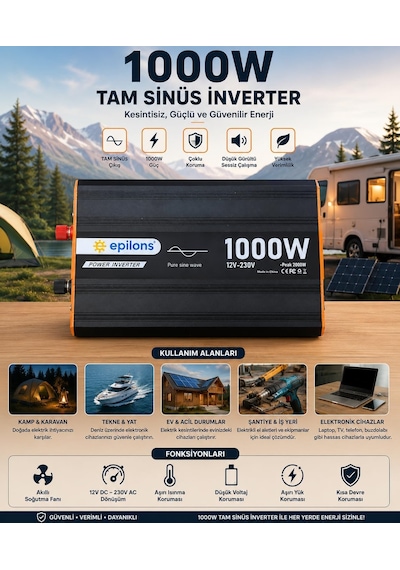 Tr 1000w Tam Sinüs İnverter, 12v Dc - 230v Ac, 2000w Peak Güç, Usb Çıkışlı, Sessiz Fanlı, Karavan Tekne Solar Genel