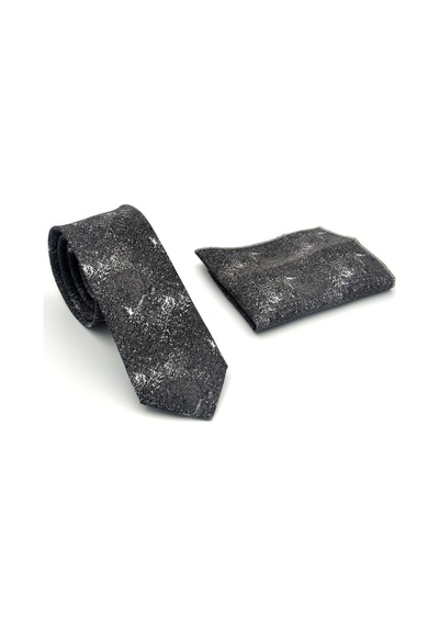 Gaffy Gri Desenli Füme Dokuma Kumaş Mendilli Slim Fit Kravat // Sdk-2613-3 Gri