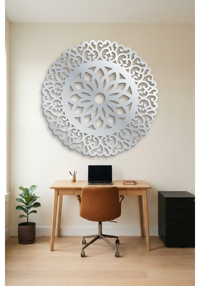 Lotus Mandala Metal Duvar Tablosu - Duvar Sanatı - Duvar Dekoru - Gümüş