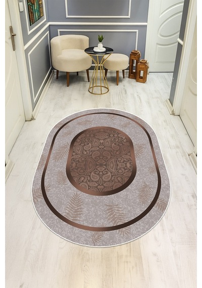 Modern Desenli Oval Dijital Baskı Kaymaz Taban Halı H0360 Renkli