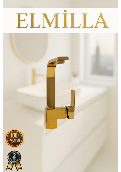 Gold Kare Borulu Lavabo Bataryası Musluğu