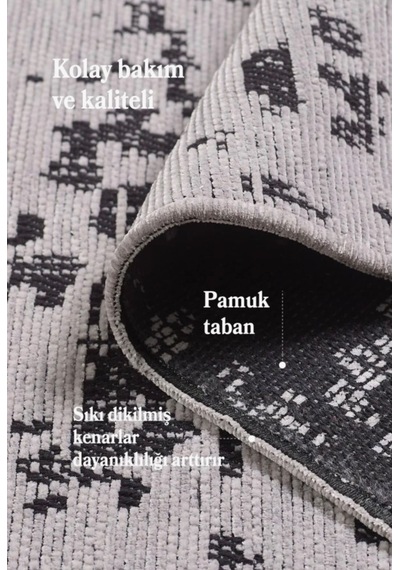 Bohem Tarz Geometrik Desenli Pamuk Taban Gri Renk Şönil Kilim