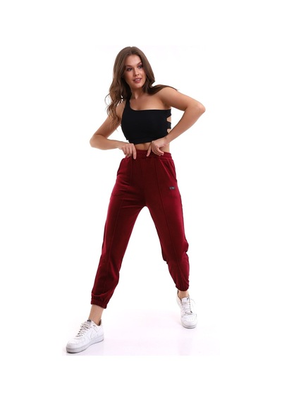 Winmoda34 Kadın Yumoş Kadife Eşofman Paçası Lastikli Çift Cepli Bordo1