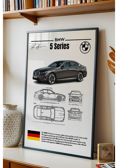 Bmw 5 Serisi Tablo - Teknik Özellikli Alman Lüks Sedan Poster - Çerçeveli Duvar Dekoru - Blueprint Siyah