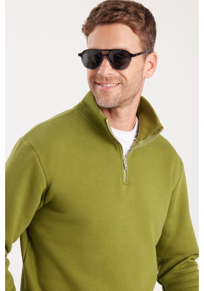 Tudors Unisex Relax Fit Rahat Kesim Pamuklu İçi Polarlı Yarım Fermuarlı Haki Dik Yaka Sweatshirt-31452