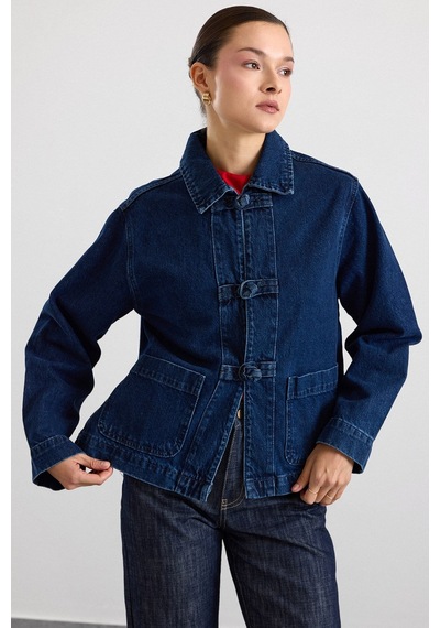 Olcay Birit Kapamalı Denim Ceket Koyu Mavi 8297