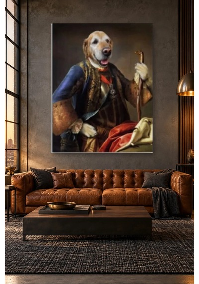 Fida Barok Kıyafetli Bastonlu Golden Retriever Canvas Tablo Çok Renkli