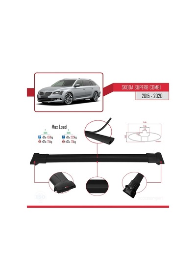 Skoda Superb Combı 2015-2020 Arası İle Uyumlu Fly Model Ara Atkı Tavan Barı Siyah