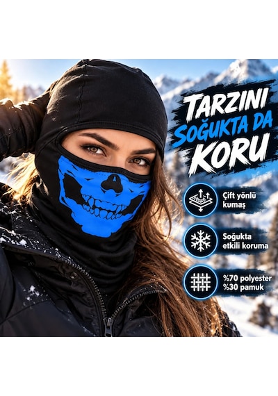 Genel Unisex Mavi Kurukafa Desenli Balaklava Kar Maskesi Siyah Tam Kafa Motorcu Boyun Siyah / Standart