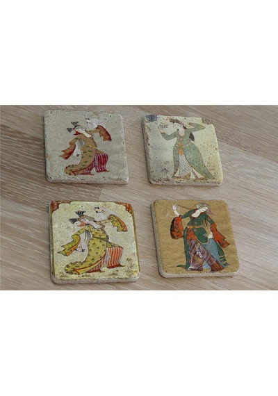 Levni Kadın Minyatürleri Doğal Taş Bardak Altlığı 4'lü Set - Natural Stone Coasters - Taş Çok Renkli