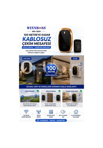 Kablosuz Kapı Zili 100 Metre Çekim Mesafeli Priz Tipi Kapı Zili Pil Dahil 36 Melodili Güçlü Ses
