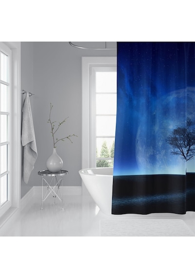 Banyo Duş Perdesi Ay Desen Manzaralı Dijital Baskılı Banyo Perdesi, Tek Kanat C Halkalı-180x200 Cm Koyu Mavi