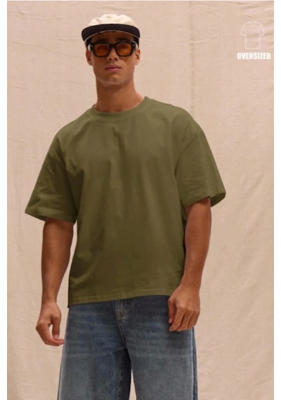 Erkek %100 Organik Pamuklu Kalın Dokulu Comfort Fit Bisiklet Yakalı T-shirt Haki