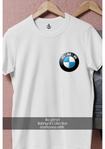 Oversize Bmw Logo Cep Tasarımlı Unisex T-shirt Beyaz