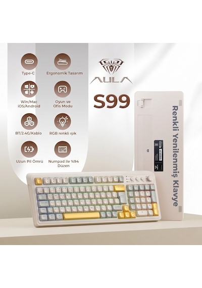 Aula S99 Retro Rgb Gaming 3 Modlu Bluetooth/2.4ghz/usb-c Kablosuz Makrolu Türkçe Q Klavye Sarı