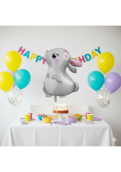 51x54 Cm Sevimli Tavşan Çiçek Desenli Folyo Balon - Doğum Günü Parti Dekorasyon Balonu Çok Renkli