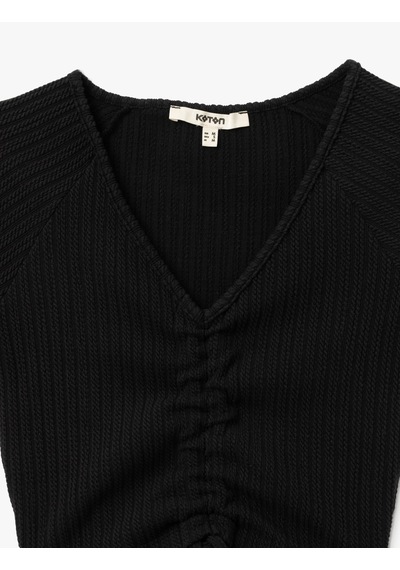 Koton Büzgülü Slim Fit V Yaka Kısa Kollu Crop Tişört Siyah 5sak50248ek Siyah