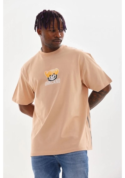Erkek Baskılı T-shirt Kısa Kol Bisiklet Yaka Rahat Kalıp Tişört - Bej Bej