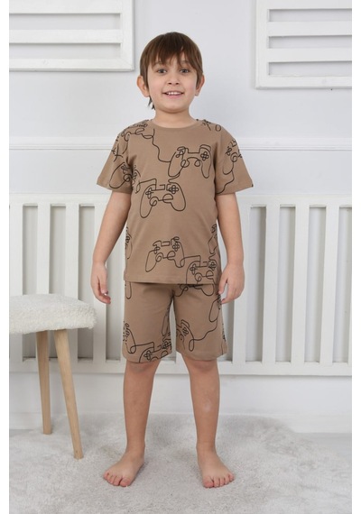 Bunny Hopp Şortlu Erkek Çocuk Pijama Takımı %100 Pamuk Desenli Yazlık 3-8 Yaş Kahve
