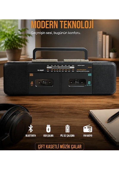 Bluetooth Destekli Am/fm/sw 3 Bant Radyo Usb Tf Mp3 Çalar Çift Kasetli Şarj Edilebilir Bataryalı Ac/dc Taşınabilir Ses Sistemi Px-888bt