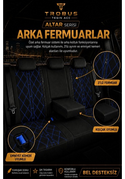 Dacia Jogger 2022+ Uyumlu Altar Serisi Tay Tüyü Oto Koltuk Kılıfı Siyah Mavi