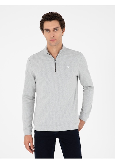 Gri Melanj Regular Fit Pamuk Karışımlı Yarım Fermuarlı Sweatshirt