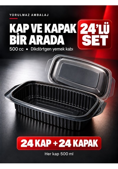 500 Cc Kapaklı Dikdörtgen Yemek Kabı 24 Lü Mikrodalgaya Uygun Siyah Paket Servis Kabı