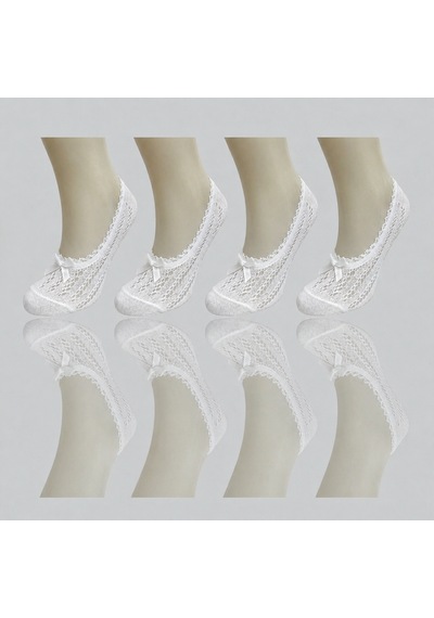 Heren Socks Heren 4'lü Dantelli Kadın Babet Çorap , Fiyonklu , Fileli Beyaz