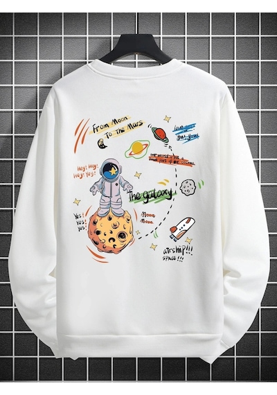 Startmore Adrift Unisex Kadın/erkek Beyaz Galaxy Oversize Bisiklet Yaka Pamuklu Sweatshirt Beyaz