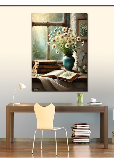 Kanvas Tablo Pencere Ve Çiçeklerle Eski Oda 50cmx70cm