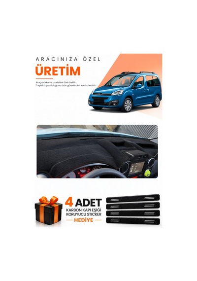 Citroen Berlingo Çukurlu Kpksız 2015-2020 Uyumlu Torpido Koruma Örtüsü Oto Kılıfı - Siyah - Cı016
