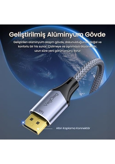 Displayport 16k 60hz 8k 240hz 4k 240hz 80 Gbps Hdr Arc Örgülü Dp 2.1 Kablo 1.5 Metre