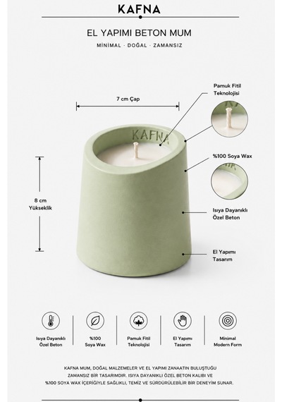 Kafna Matcha Kokulu Dekoratif Beton Mum - %100 Soya Wax Yeşil Mint Yeşili